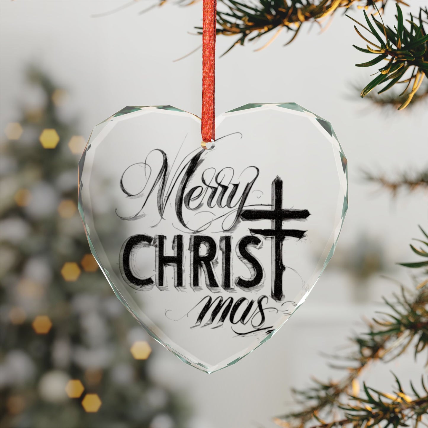 Crystal Heart Ornament — “Merry Christ-mas” Religious Christmas Glass Decoration