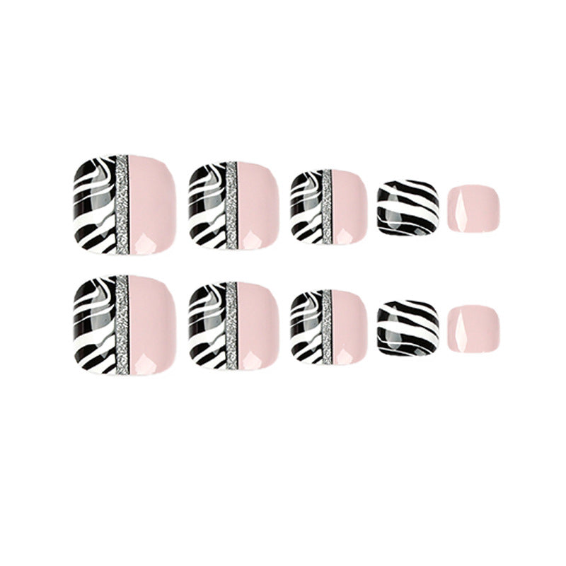 Bare powder foot nails, black and white lines, press on nails, nails piece, wholesale fake nails, nails piece – Image 5