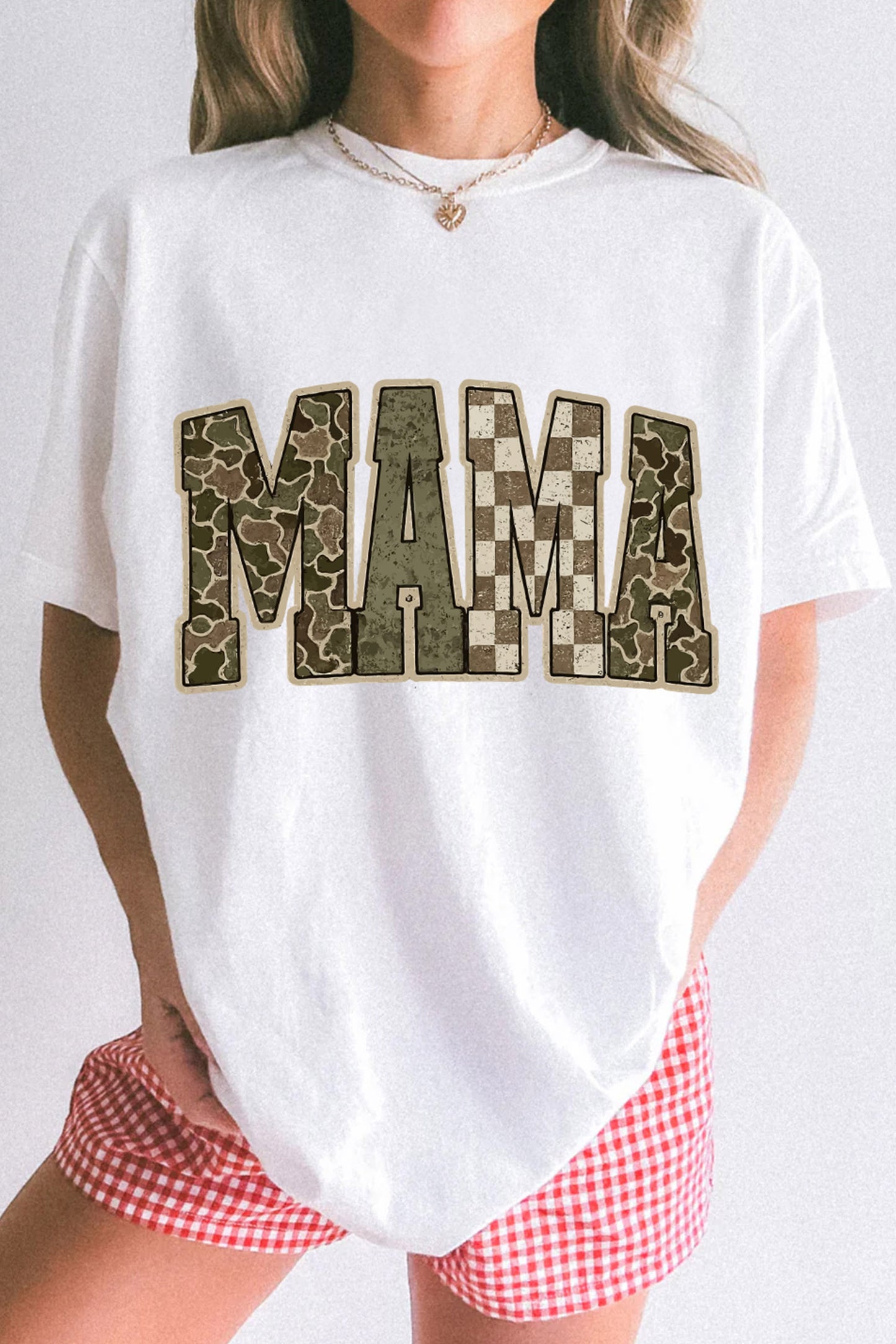 White MAMA Mixed Pattern Lettering T Shirt