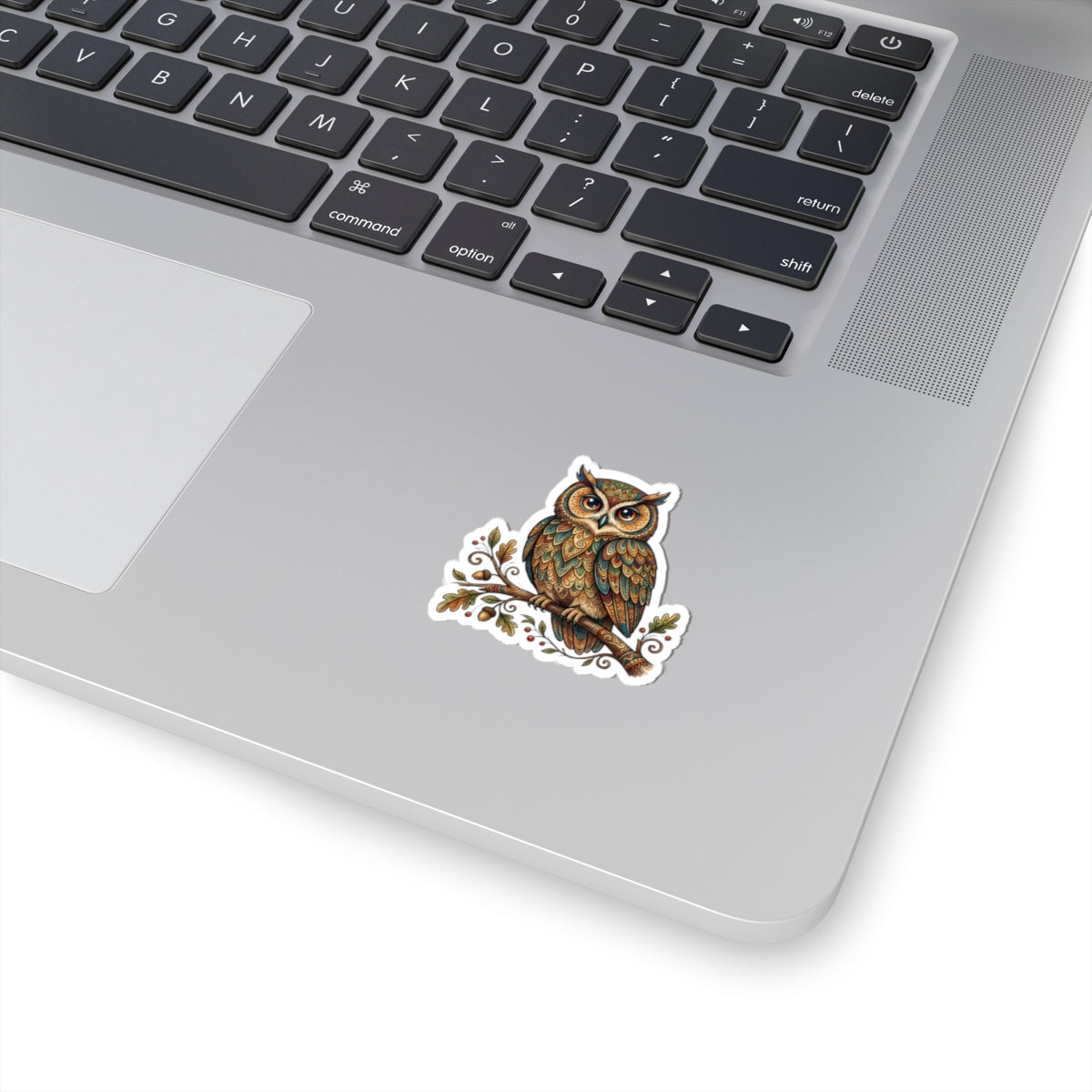 Owl Kiss-Cut Sticker — Detailed Boho Forest Owl on Branch (Laptop, Journal, Water Bottle Decal)