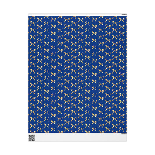 Wrapping Paper — Blue Gift Wrap with Gold Ribbon Pattern