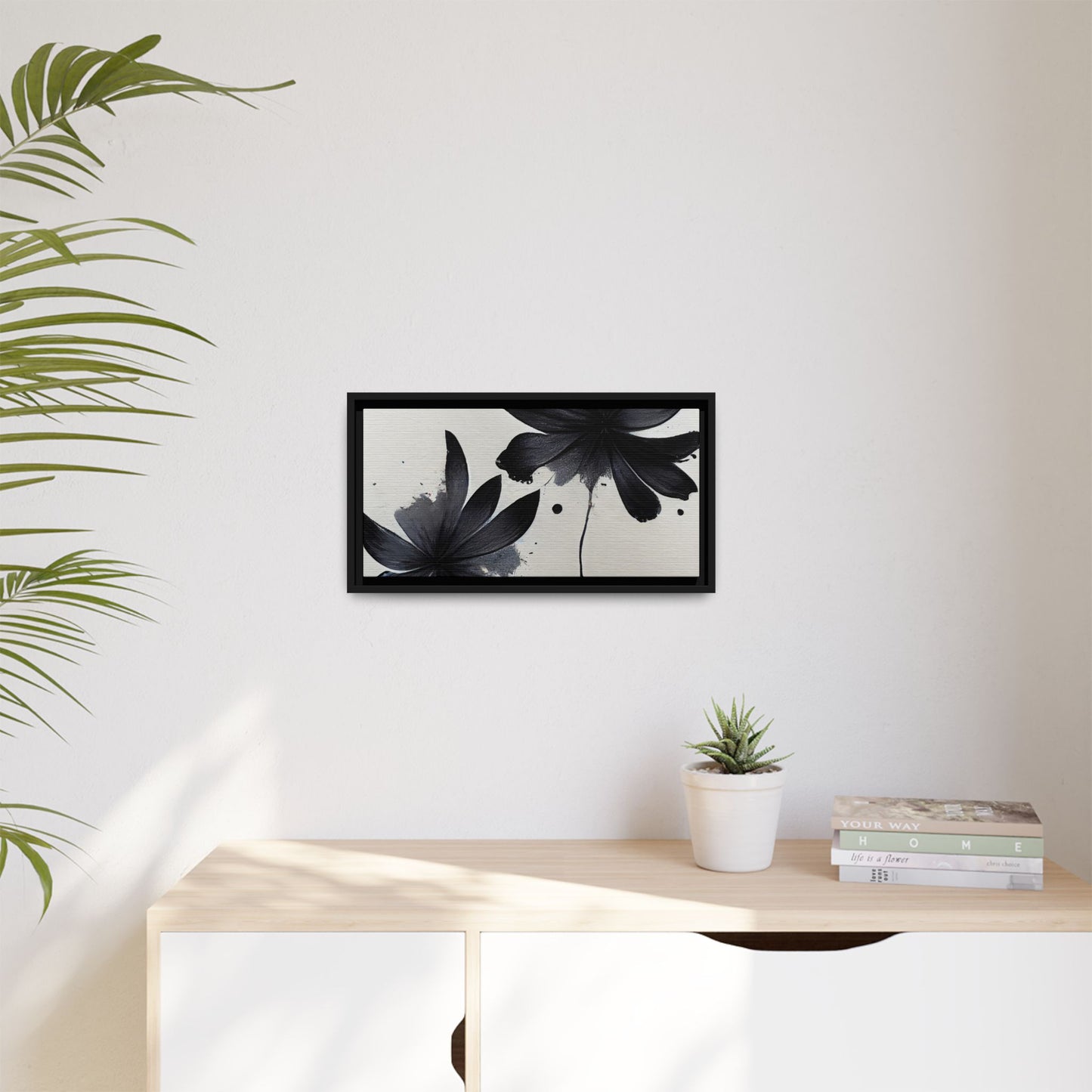 Framed Black Floral Matte Canvas Wall Art — Monochrome Botanical Print