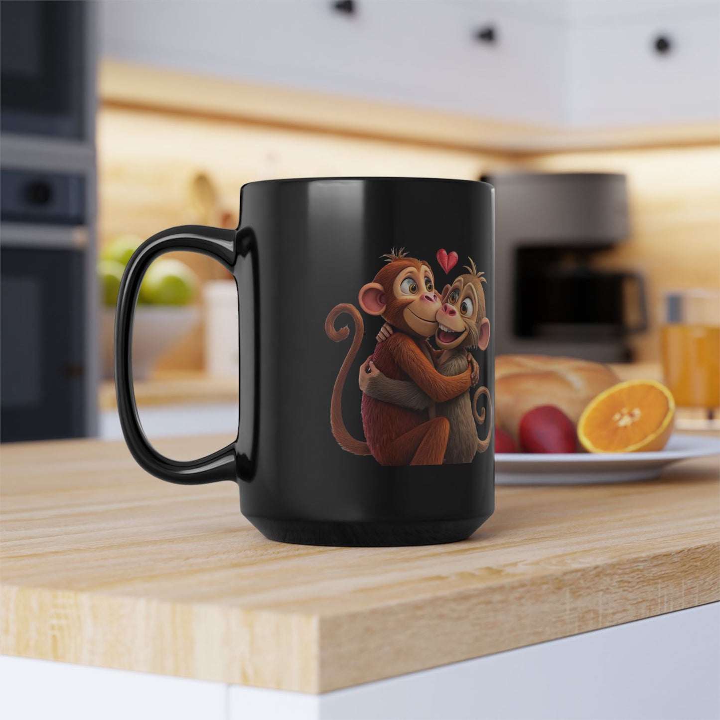 Cute Monkey Couple Black 15oz Coffee Mug — Romantic Valentine’s Gift