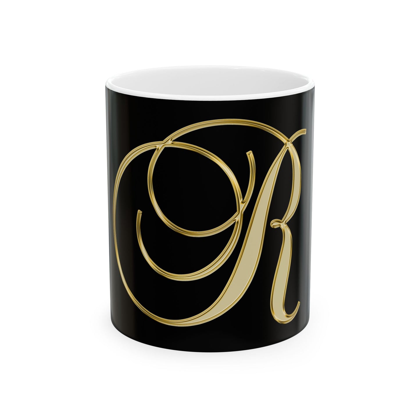 Gold Script Letter "R" Black Ceramic Mug — Elegant Monogram Coffee Cup (11oz & 15oz)