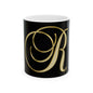 Gold Script Letter "R" Black Ceramic Mug — Elegant Monogram Coffee Cup (11oz & 15oz)
