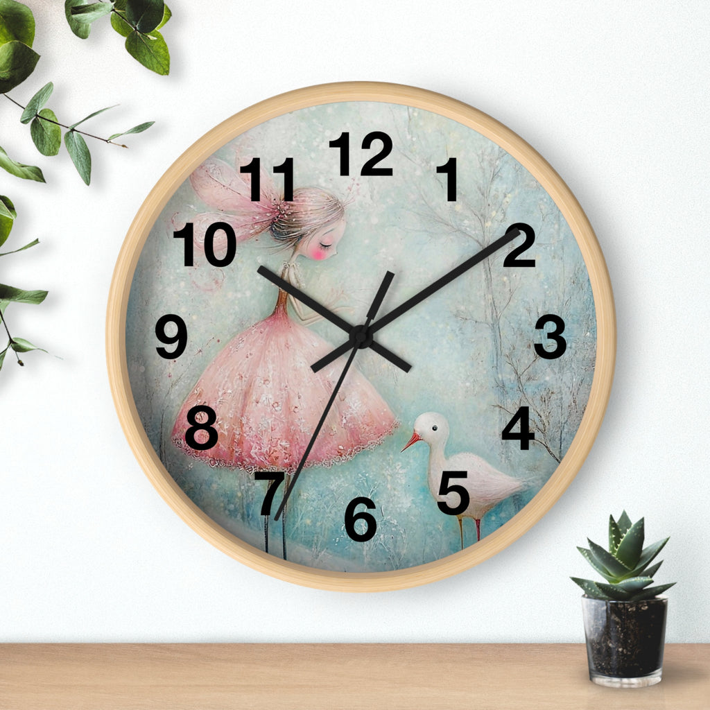 Whimsical Girl & Swan Wall Clock — Pastel Nursery Decor