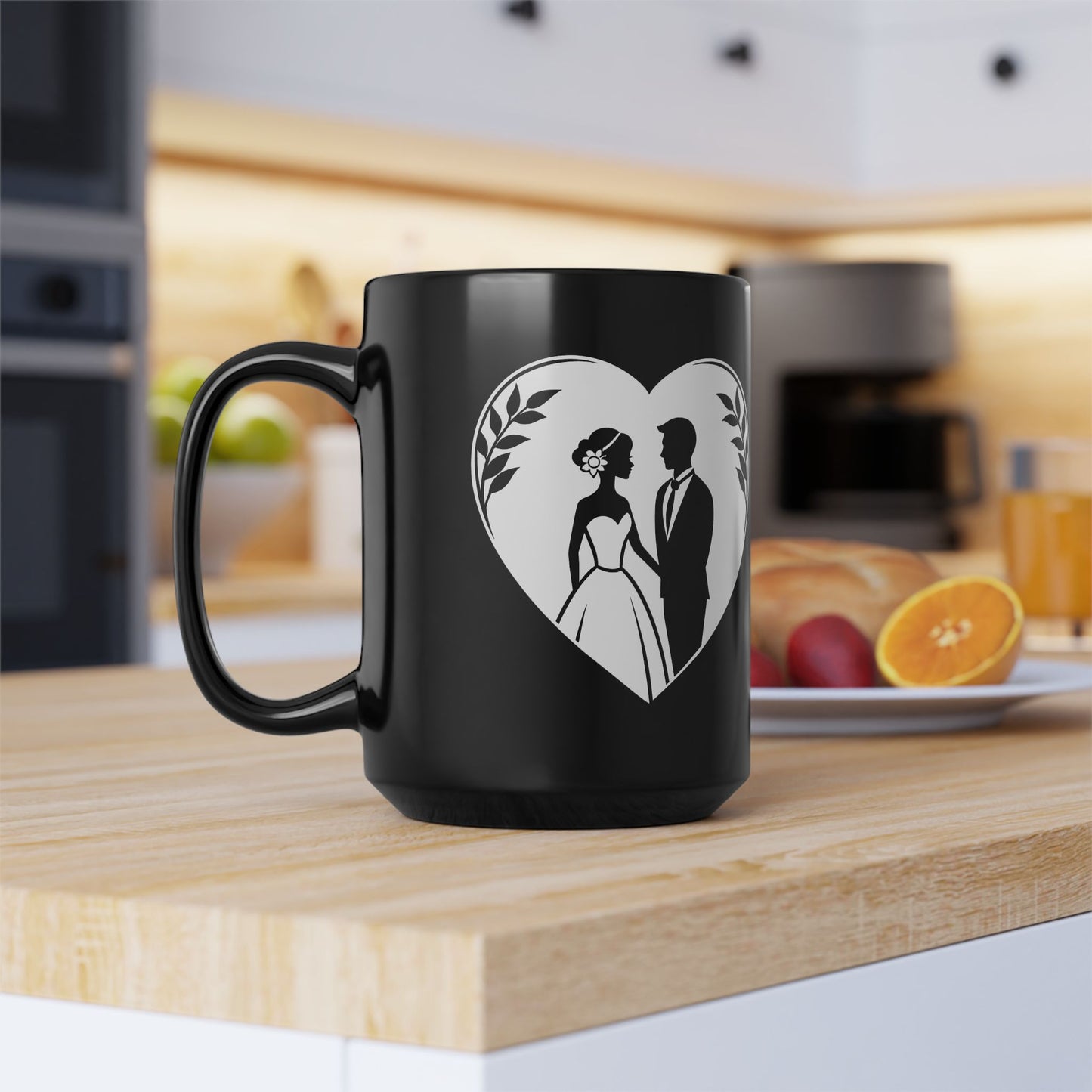 Wedding Couple Heart Black Mug — 15oz Brides & Grooms Coffee Cup