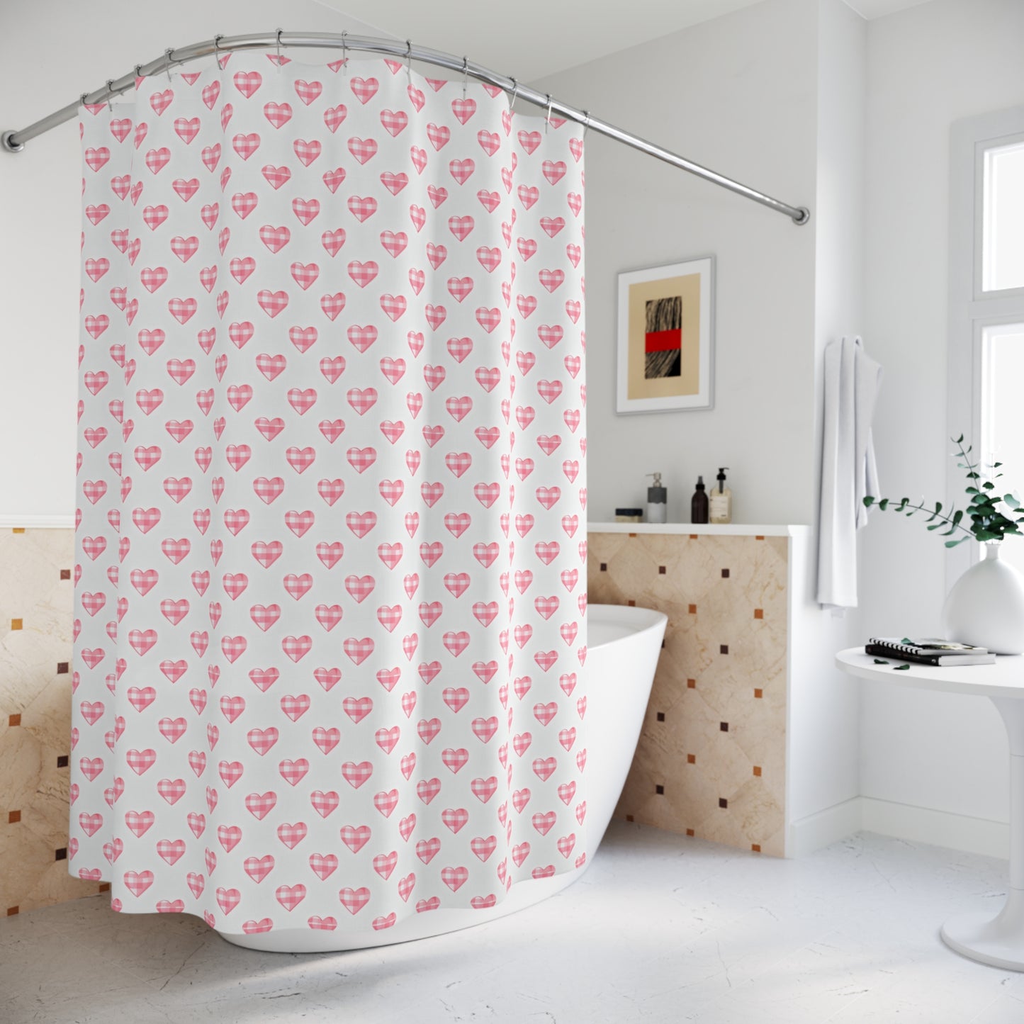 Pink Gingham Heart Shower Curtain — Romantic Valentine Bathroom Decor