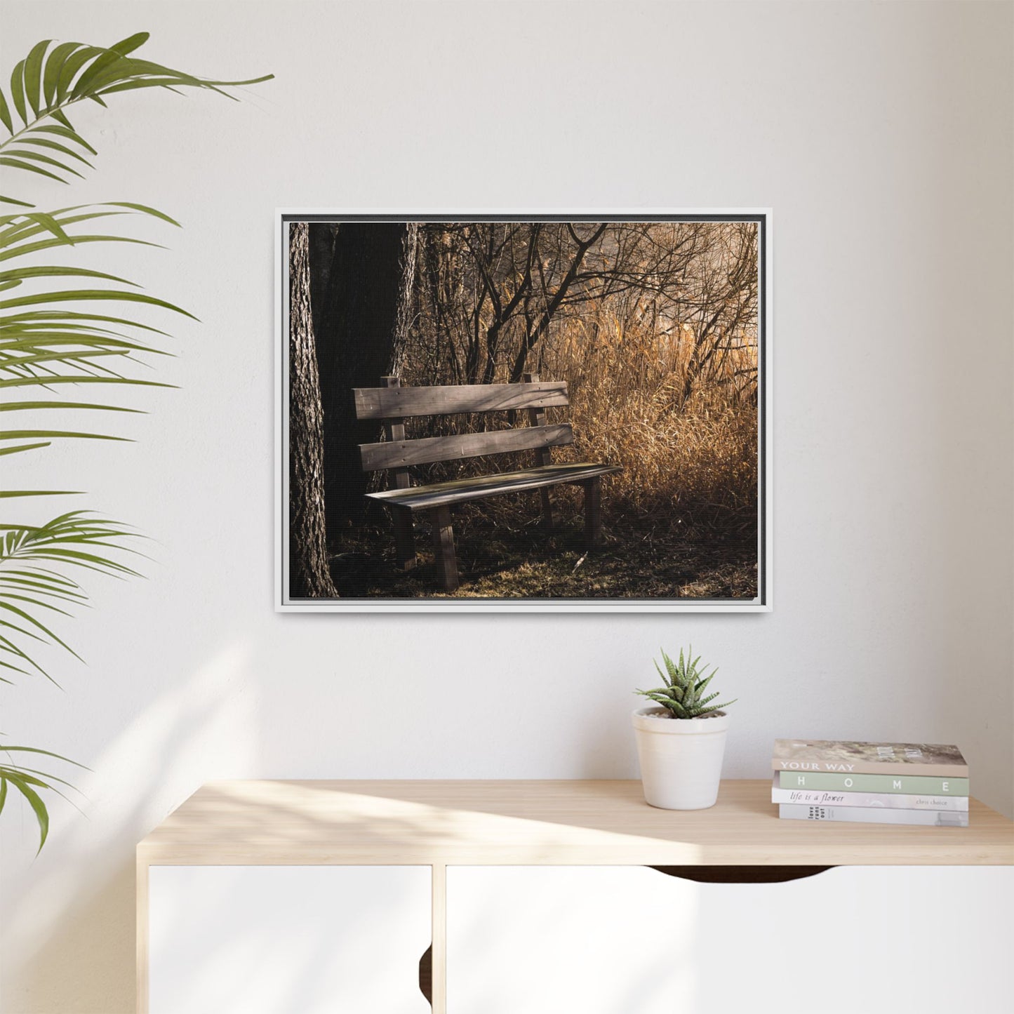 Framed Matte Canvas Print — Autumn Park Bench Photography