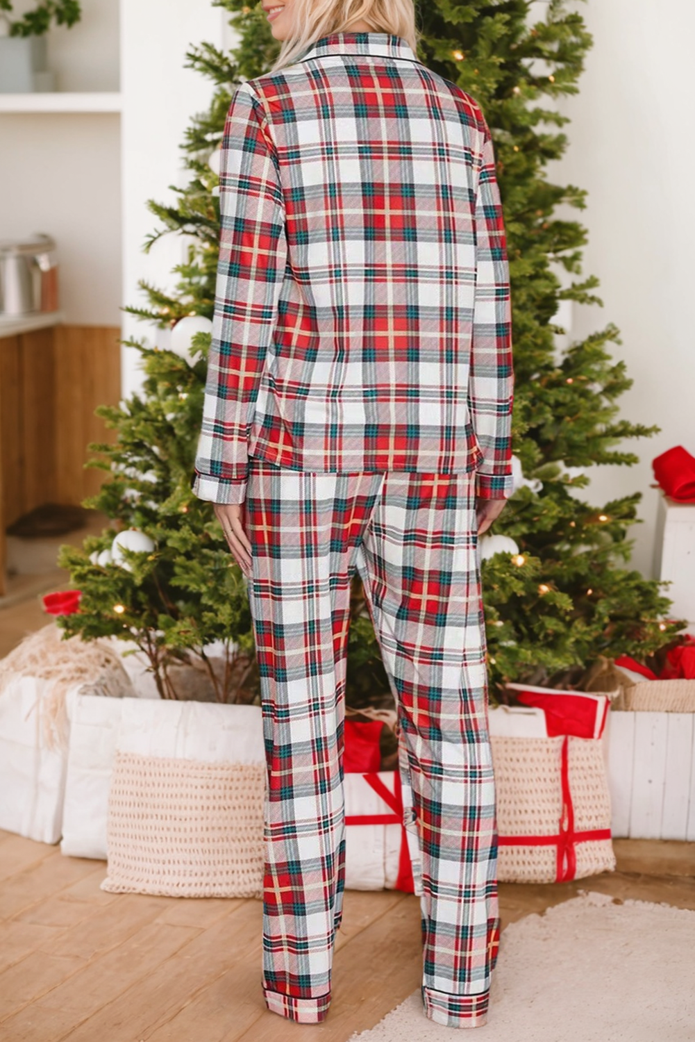 Red  Plaid Print Two Piece Long Sleeve Pajamas Set