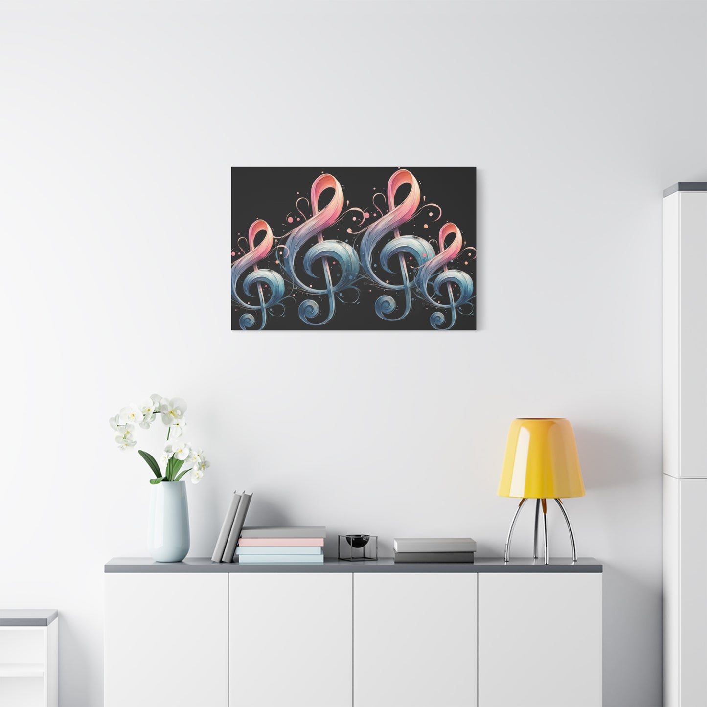 Musical Treble Clef Canvas Wall Art — Pastel Ribbon Notes on Black