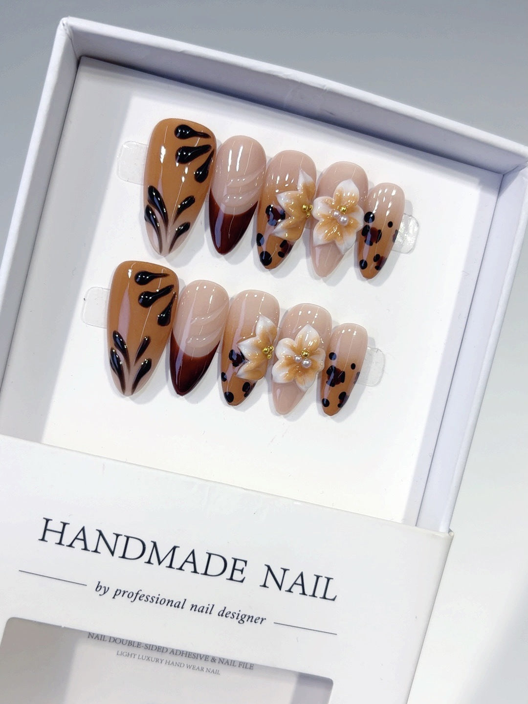 Amber Bloom: "Leopard & Flower" – Long Almond Handmade Press On Nails – Image 6