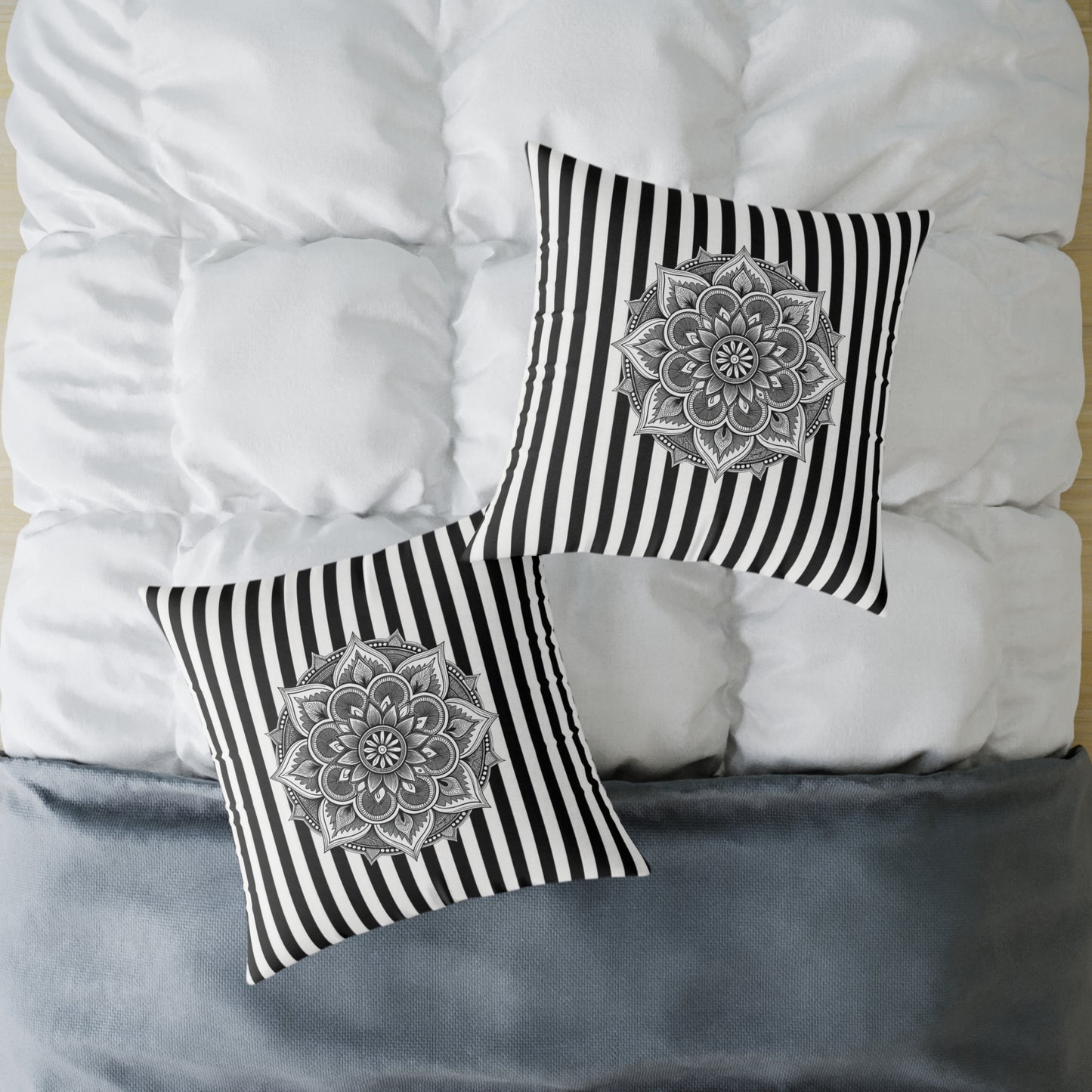 Boho Black & White Striped Mandala Pillow - Square Decorative Throw Cushion