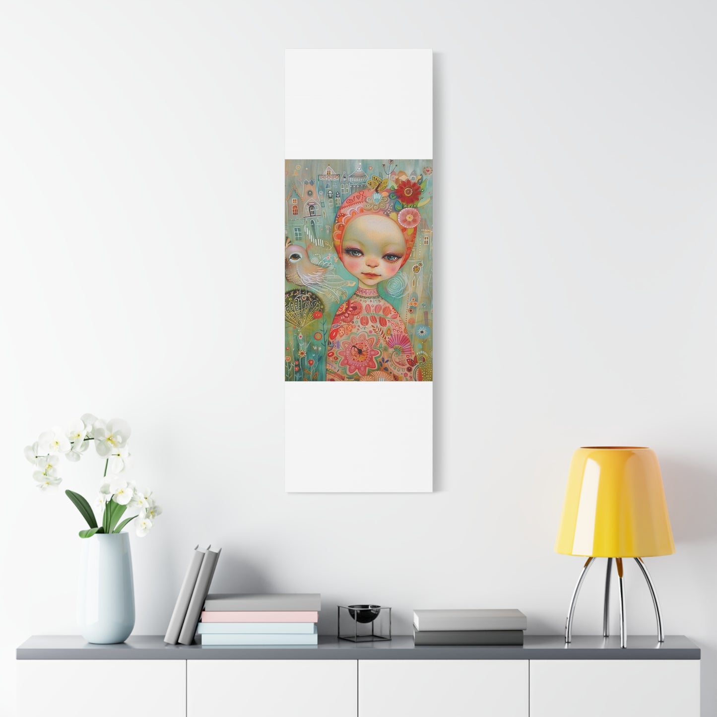 Whimsical Girl & Bird Matte Canvas Wall Art — Stretched Decorative Painting