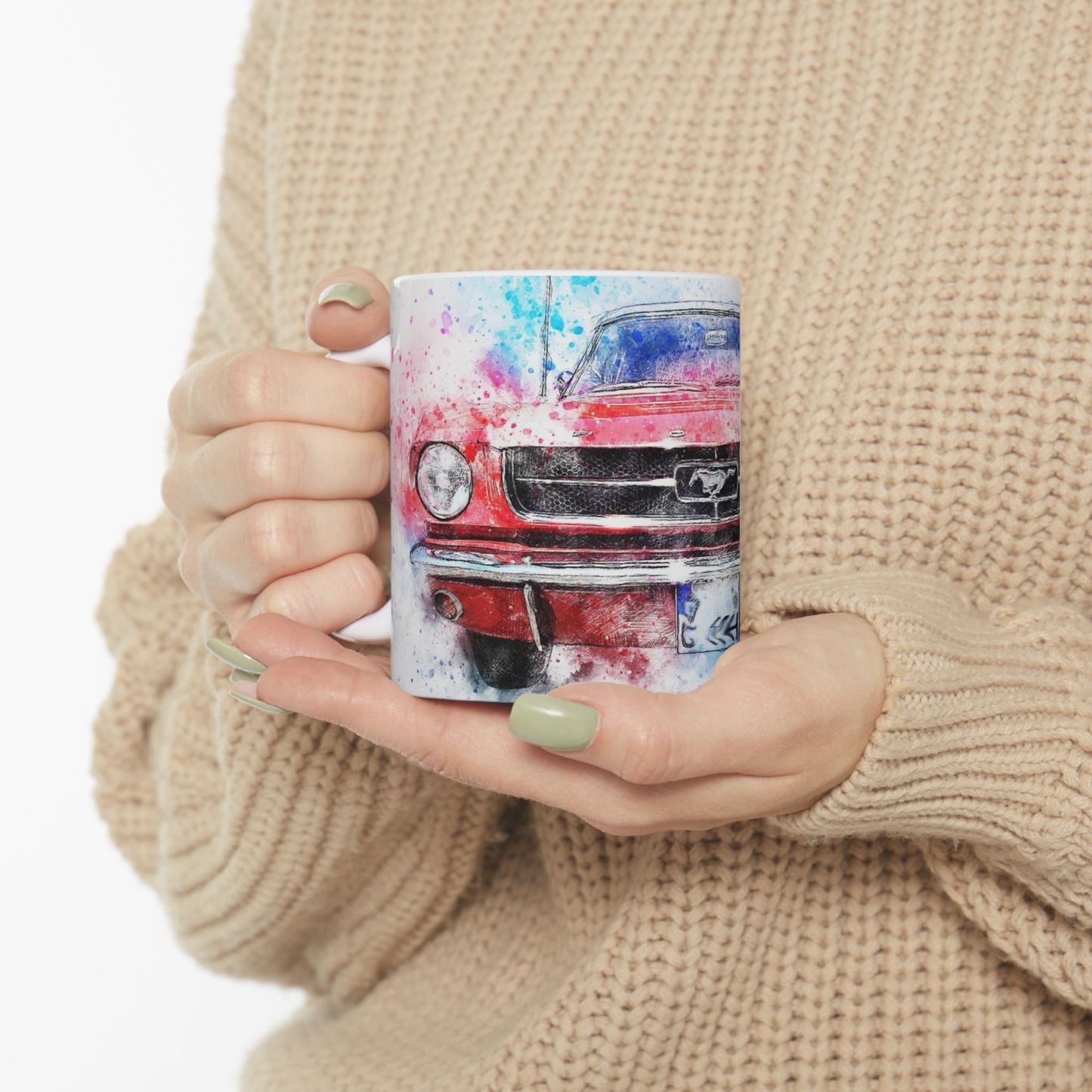 Mustang Front Grill Watercolor Ceramic Mug — Car Enthusiast Coffee Cup (11oz/15oz)