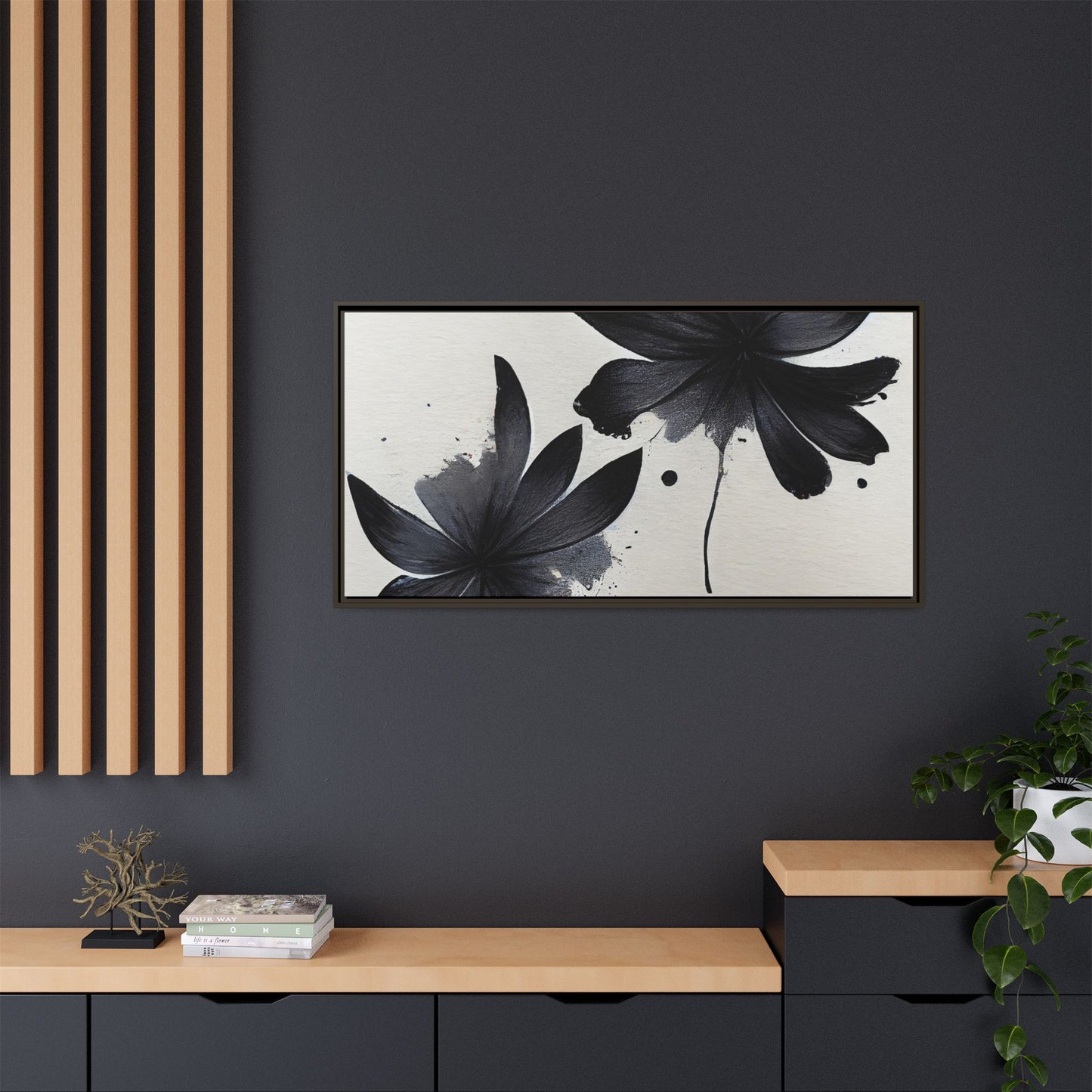 Framed Black Floral Matte Canvas Wall Art — Monochrome Botanical Print