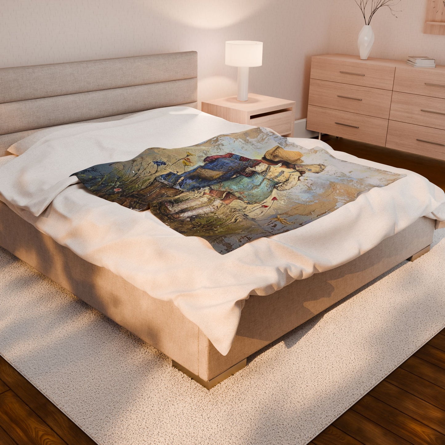 Vintage Children Standing Together Velveteen Plush Blanket — Rustic Nursery Throw