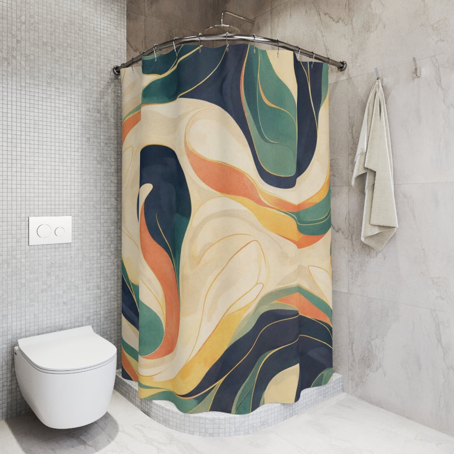 Shower Curtain — Retro Abstract Swirl Bathroom Curtain, Mid-Century Wave Pattern in Teal, Navy & Mustard