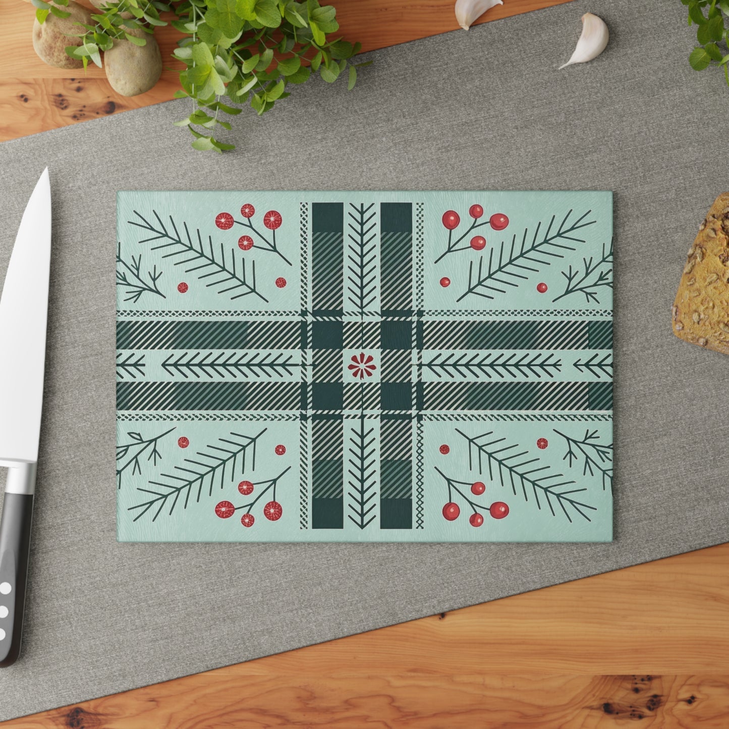 Festive Plaid & Holly Glass Cutting Board — Holiday Kitchen Decor