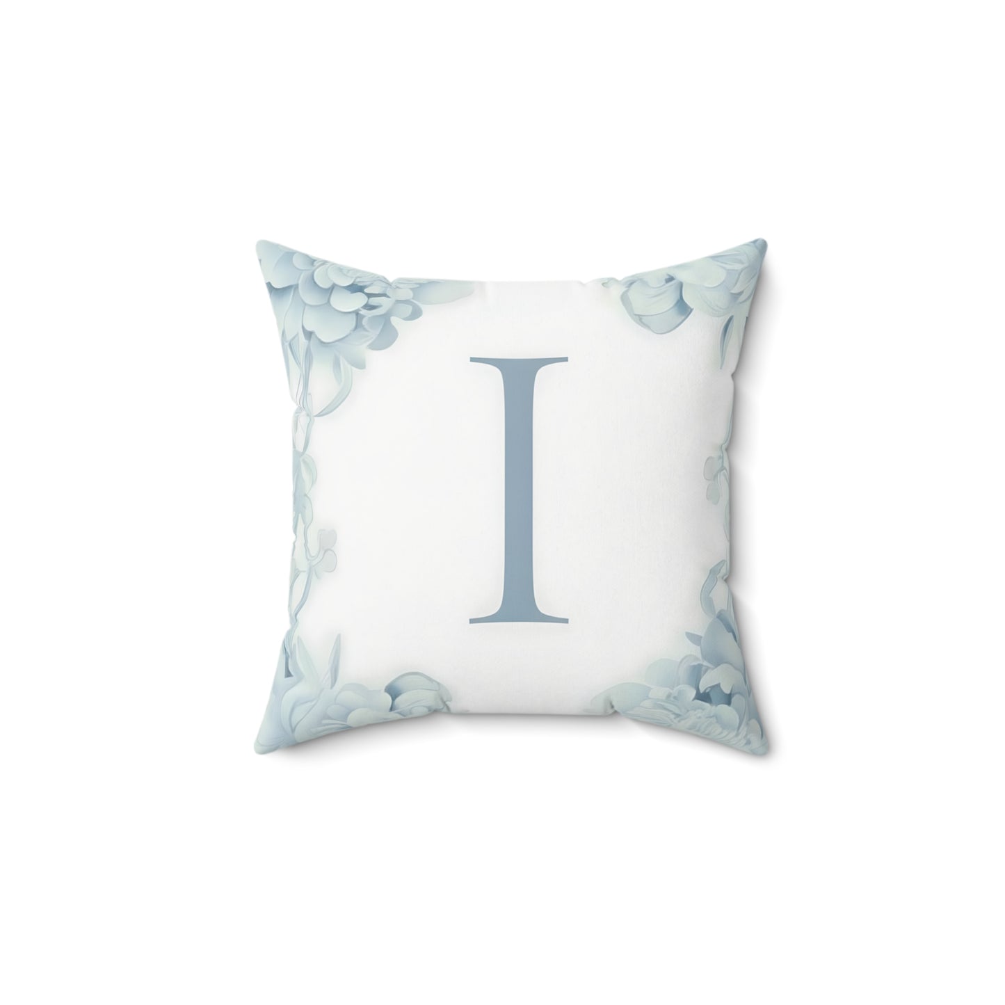 Monogram 'I' Floral Throw Pillow — Soft Blue Initial Accent Pillow