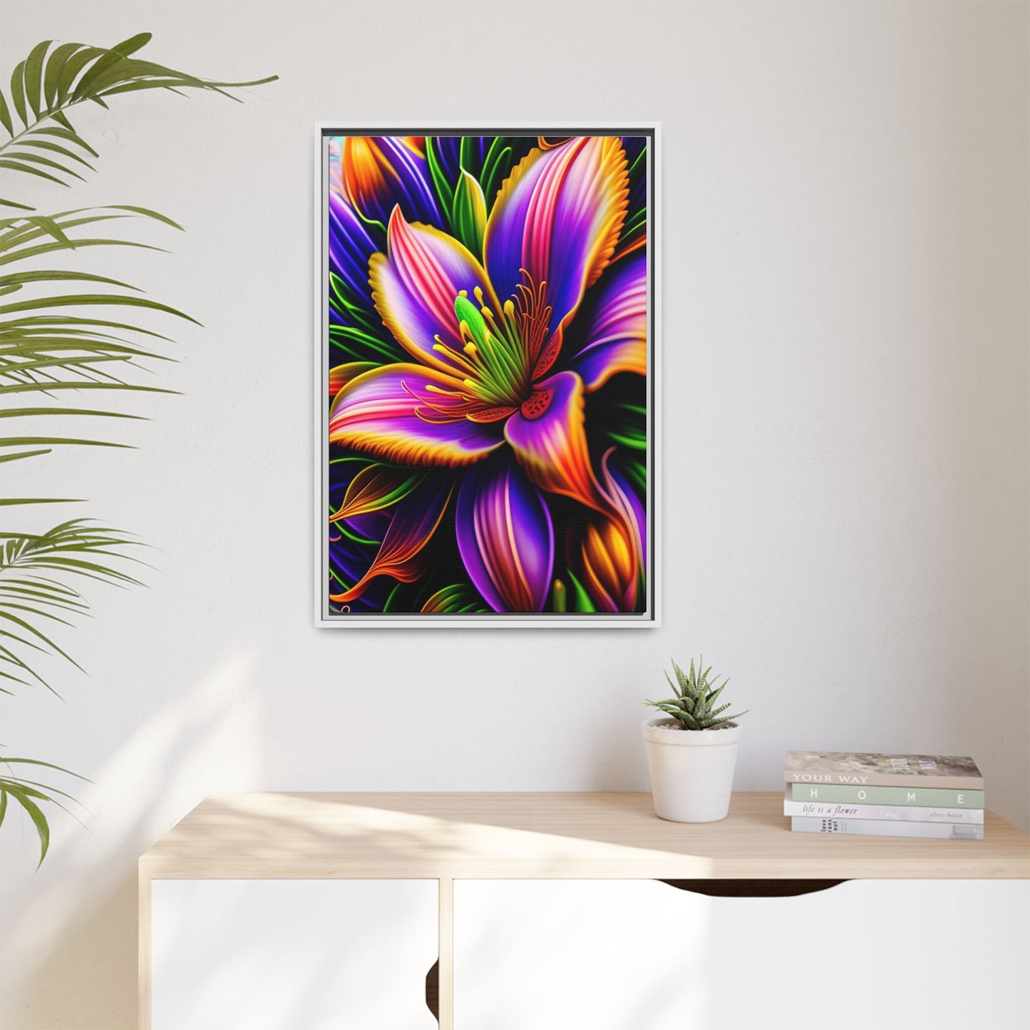 Vibrant Neon Floral Matte Canvas Print — Framed Wall Art