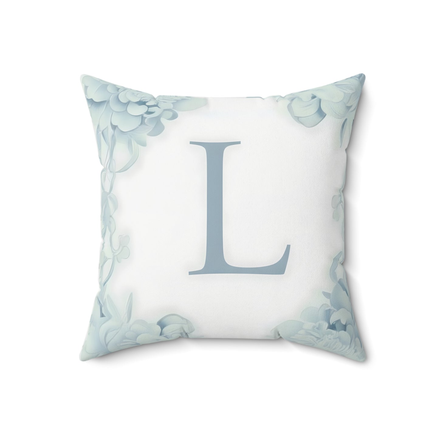Monogram L Floral Border Decorative Pillow — Soft Blue Initial Throw Pillow