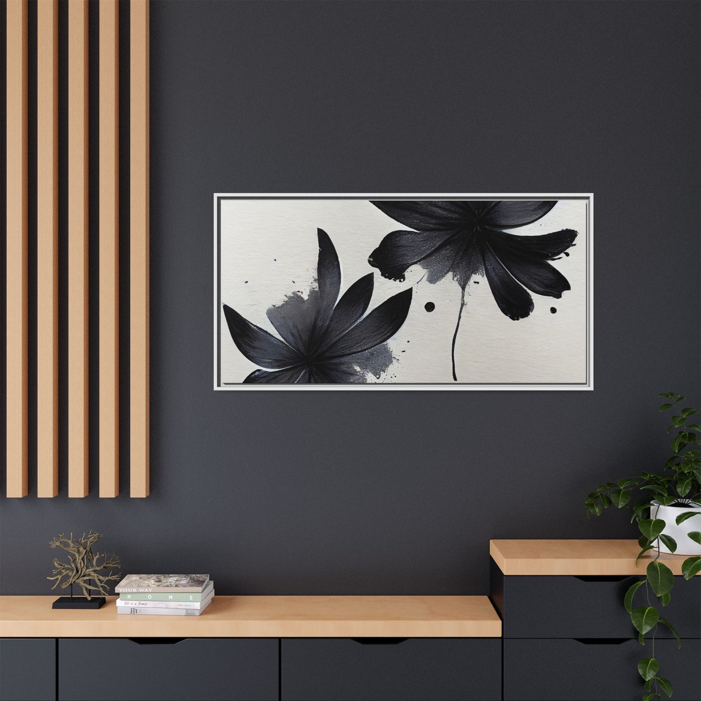 Framed Black Floral Matte Canvas Wall Art — Monochrome Botanical Print
