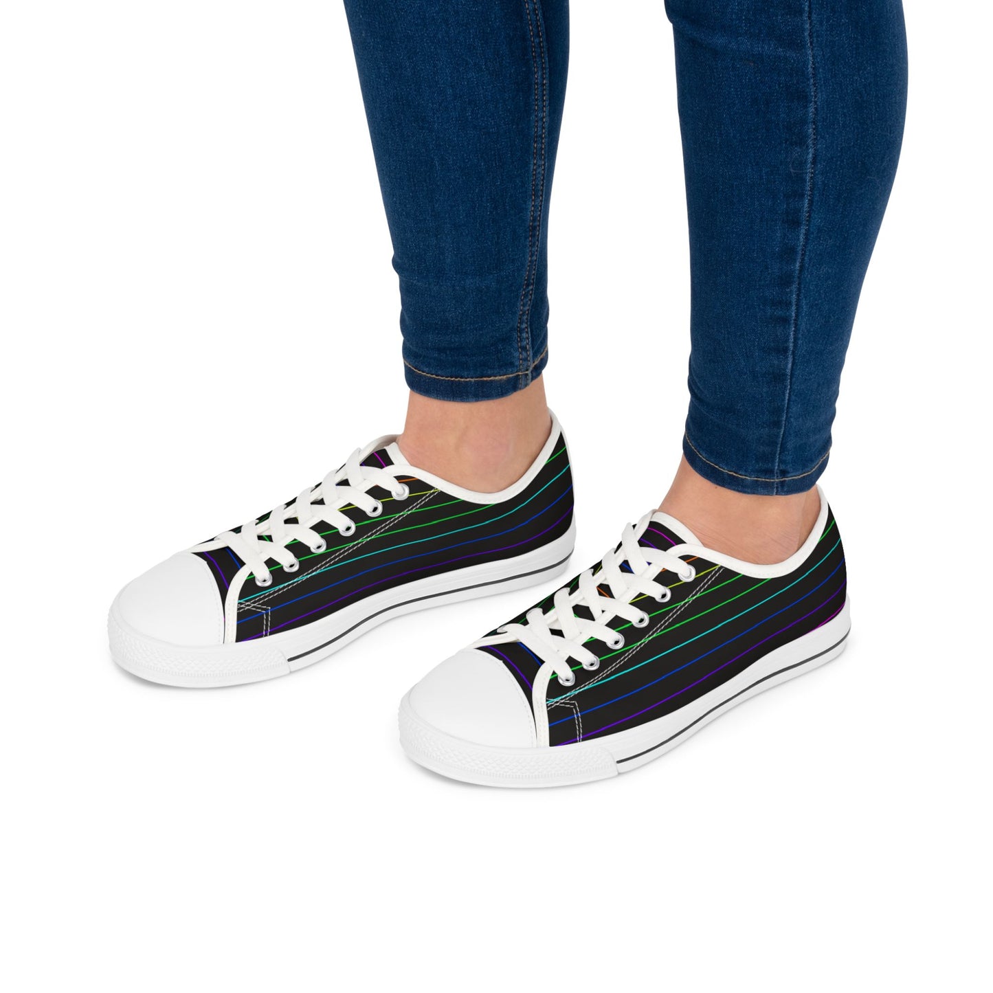 Low Top Sneakers — Black Retro Neon Stripe Casual Shoes for Women