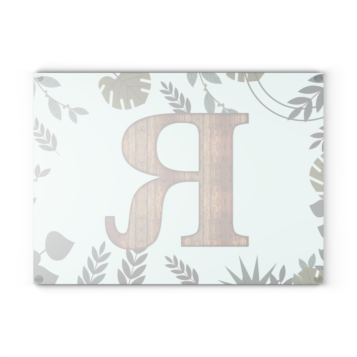Monogram 'R' Glass Cutting Board — Rustic Wood Letter on Botanical Background