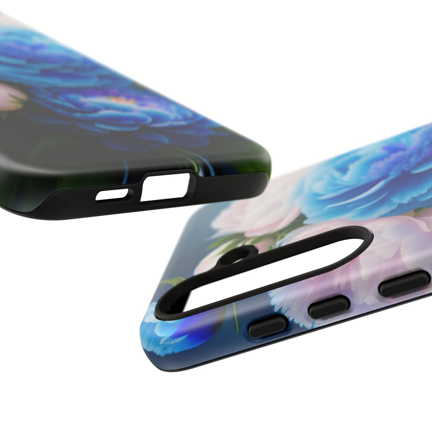 Floral Blue Peony Phone Case — Protective Tough Case with Pink & Blue Blooms