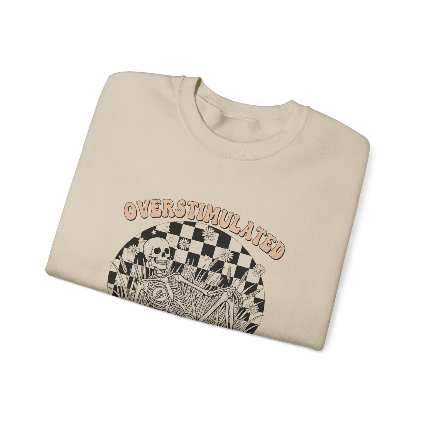 Sweatshirt — "Overstimulated and Still Cute" Skull Checkerboard Graphic Crewneck
