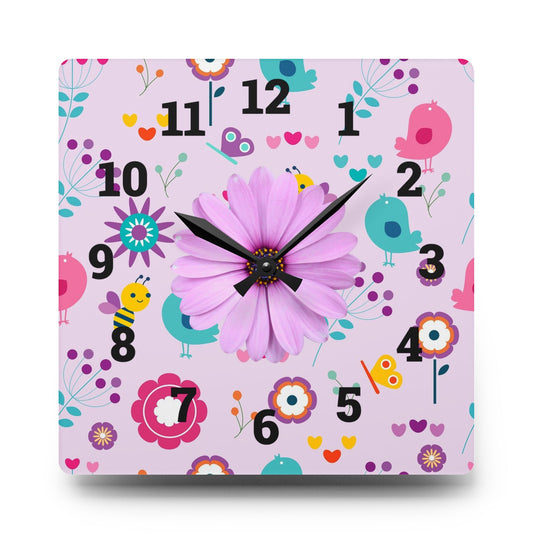 Whimsical Floral Acrylic Wall Clock, Cute Decor, Spring Vibes, Home Office Gift