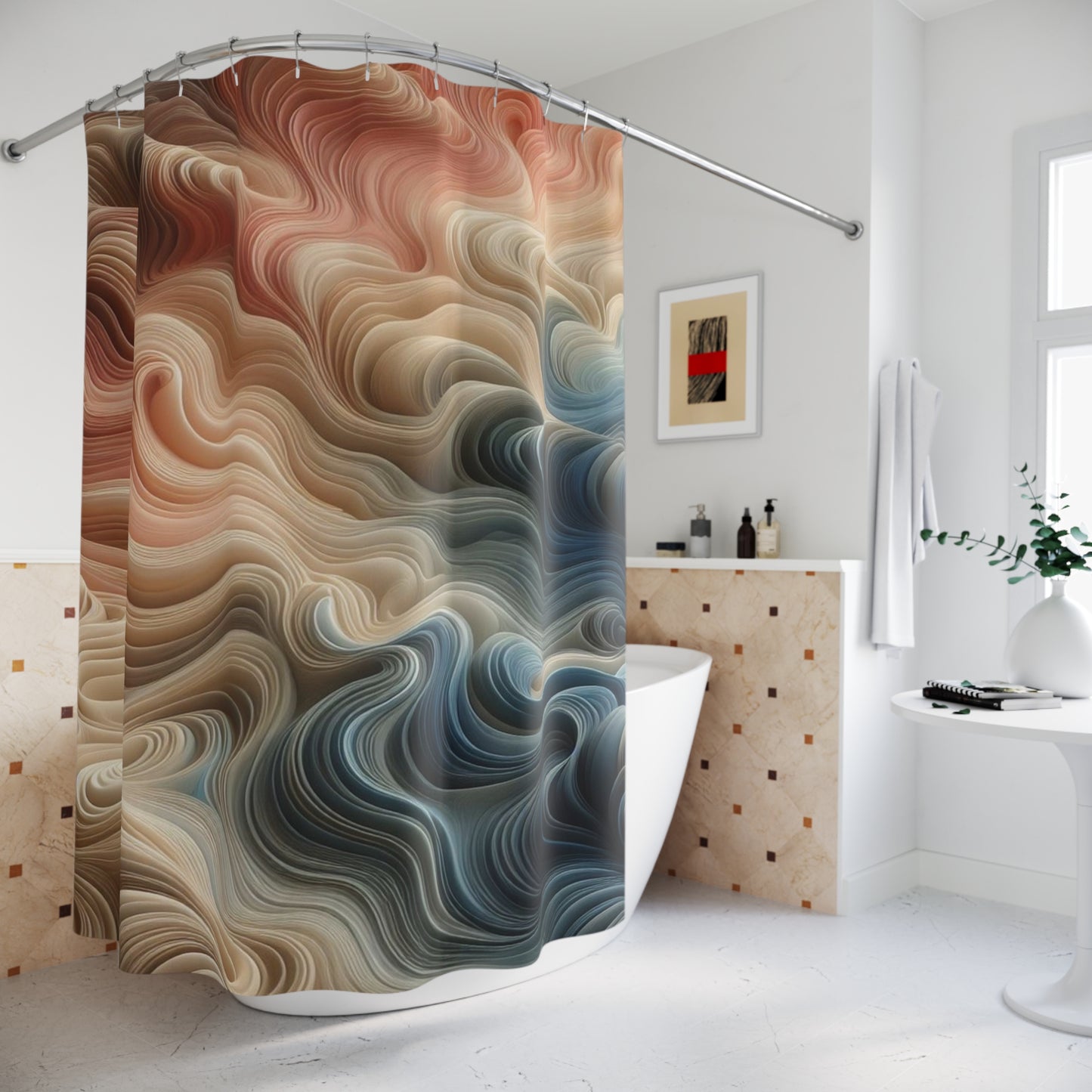 Abstract Fluid Swirl Shower Curtain — Earthy Tones Bathroom Decor