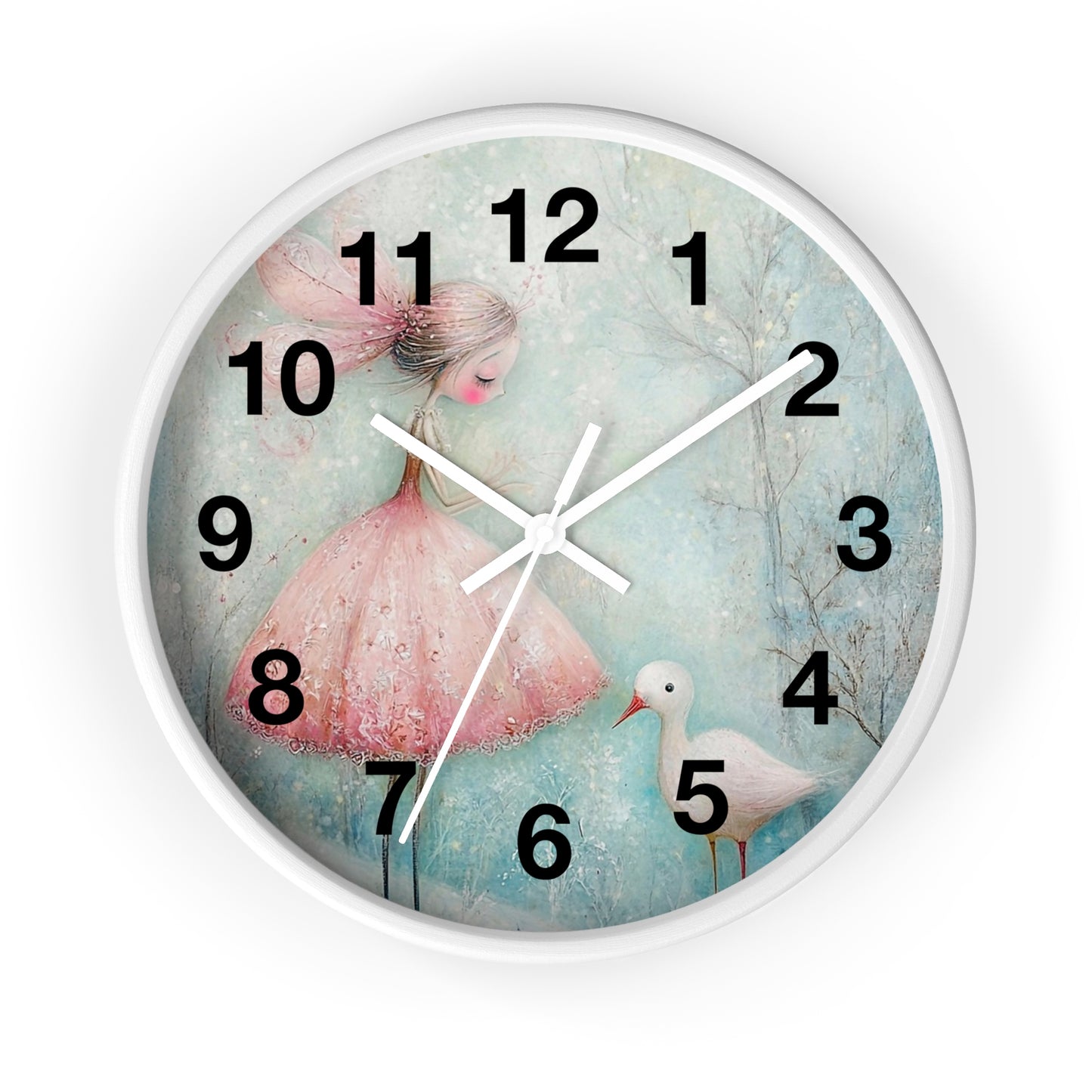 Whimsical Girl & Swan Wall Clock — Pastel Nursery Decor