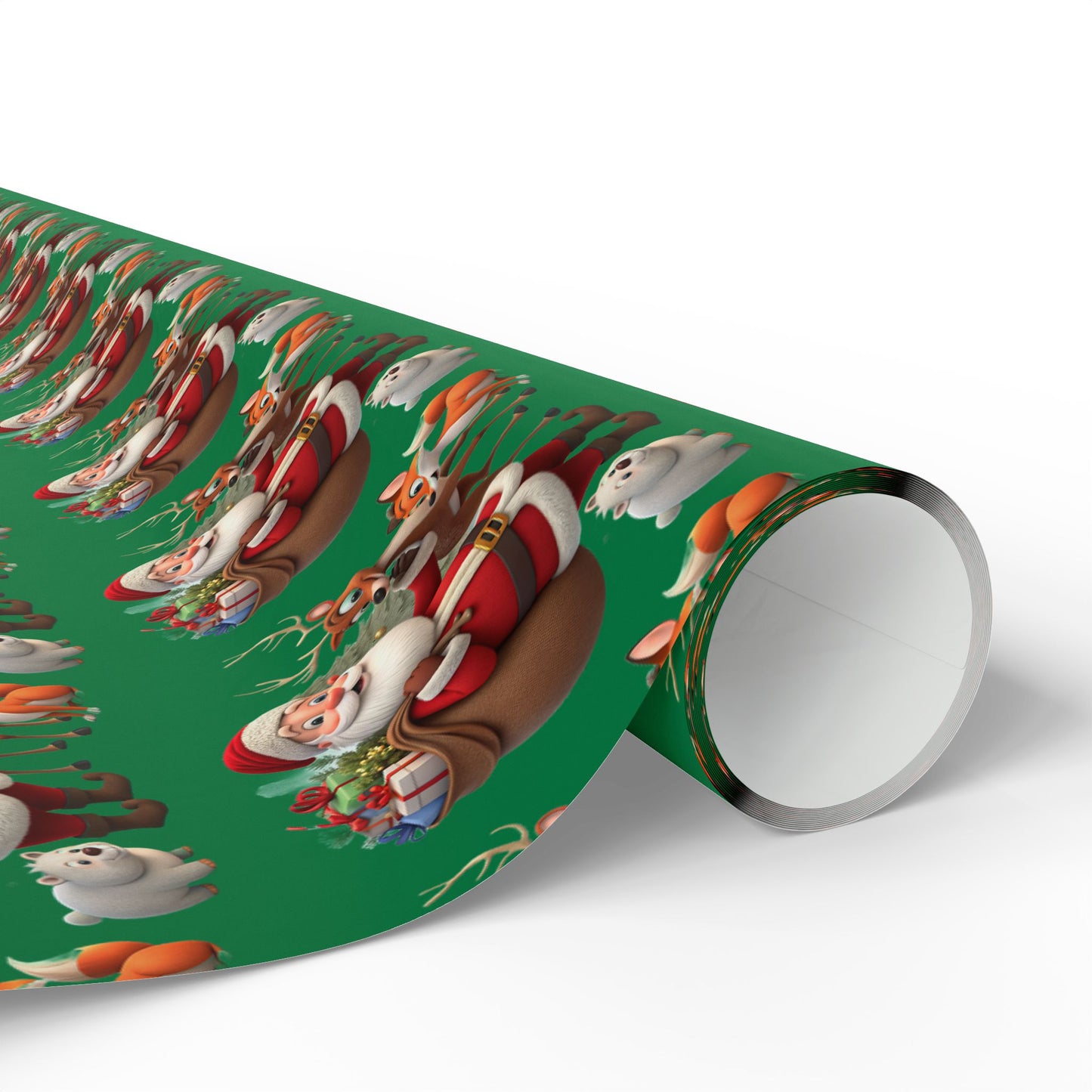 Christmas Santa & Reindeer Wrapping Paper Roll — Festive Green Holiday Gift Wrap