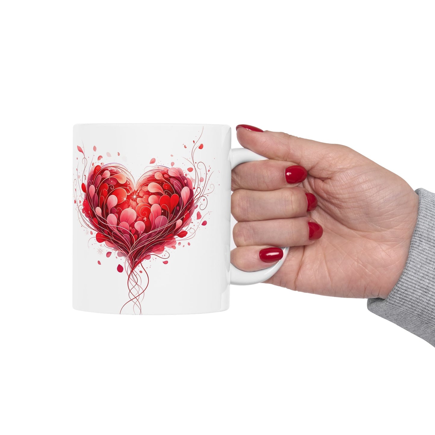 Heart Blossom Ceramic Mug — Red Floral Heart Coffee Cup (11oz, 15oz)