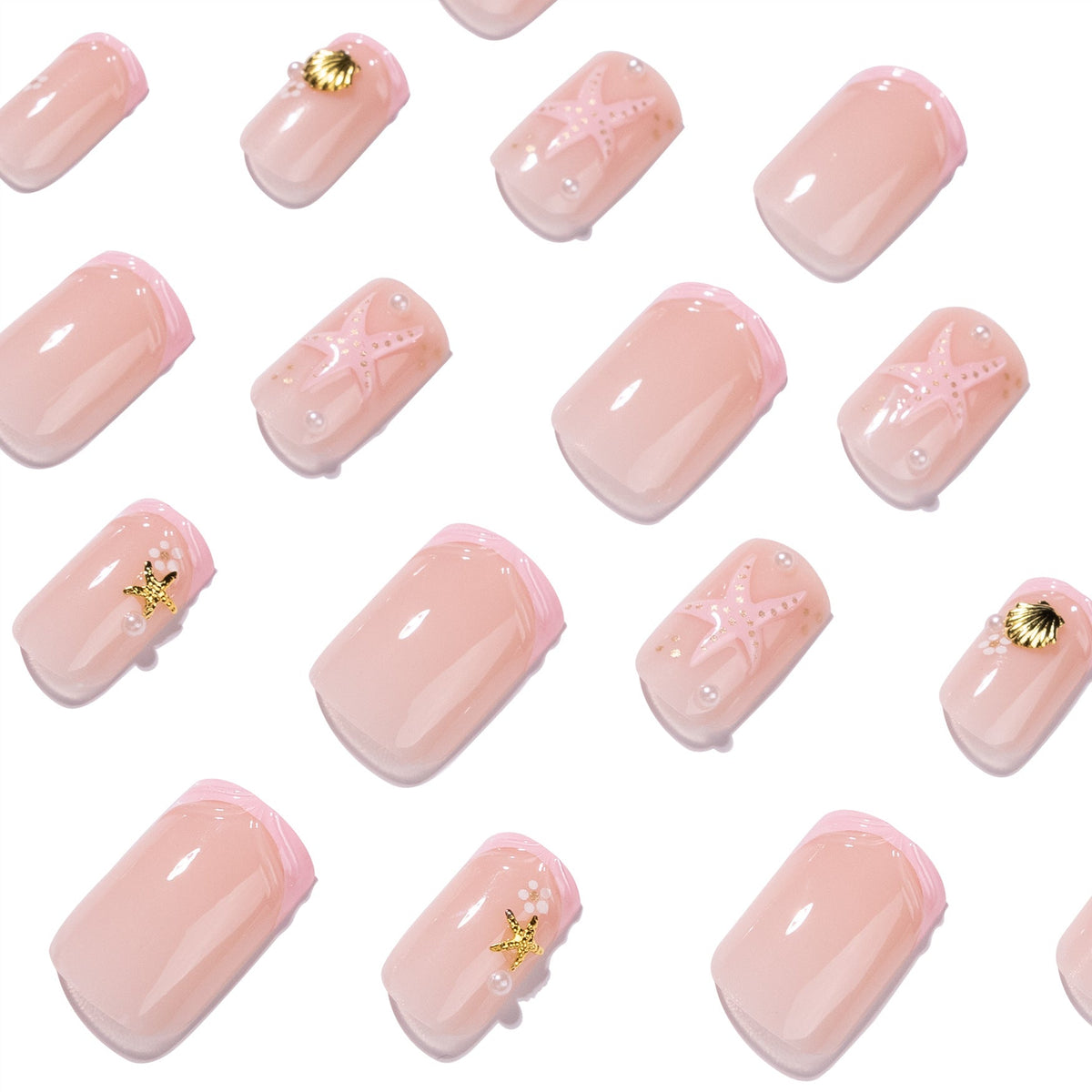 365nails: "Pink Beach Starfish Square" – French Tip Press-on Nails – Image 3