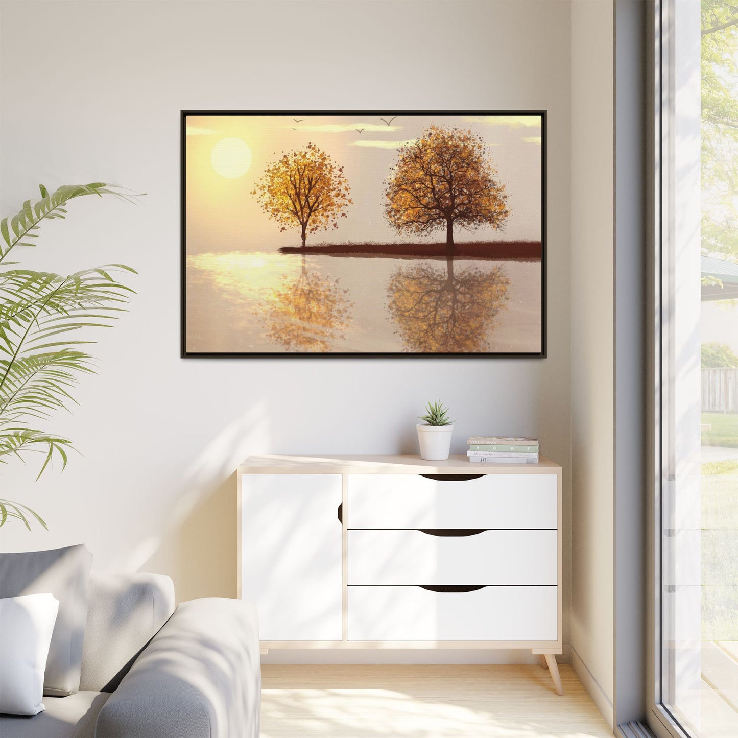 Framed Matte Canvas Wall Art — Golden Autumn Trees Reflection