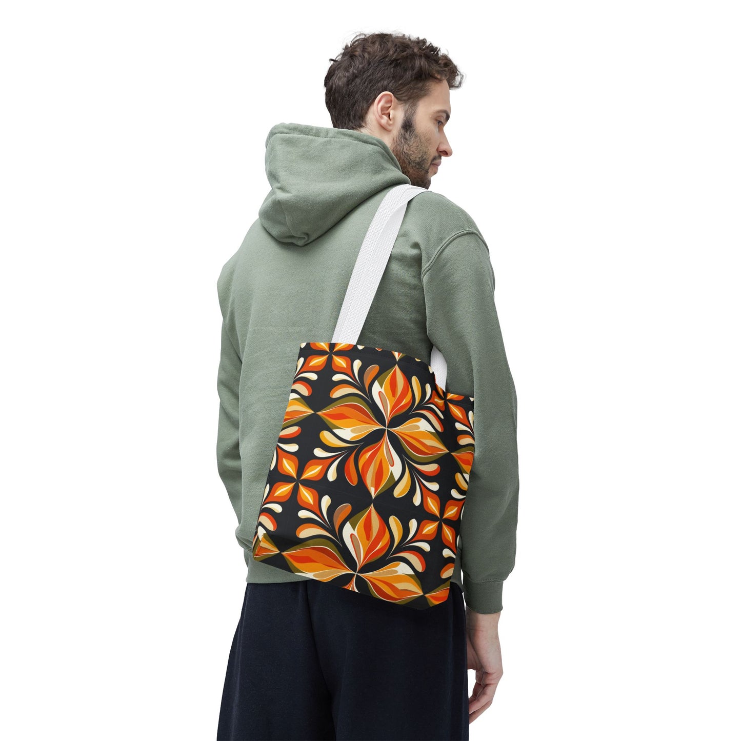 Retro Floral Tote Bag — Orange & Black Boho Pattern