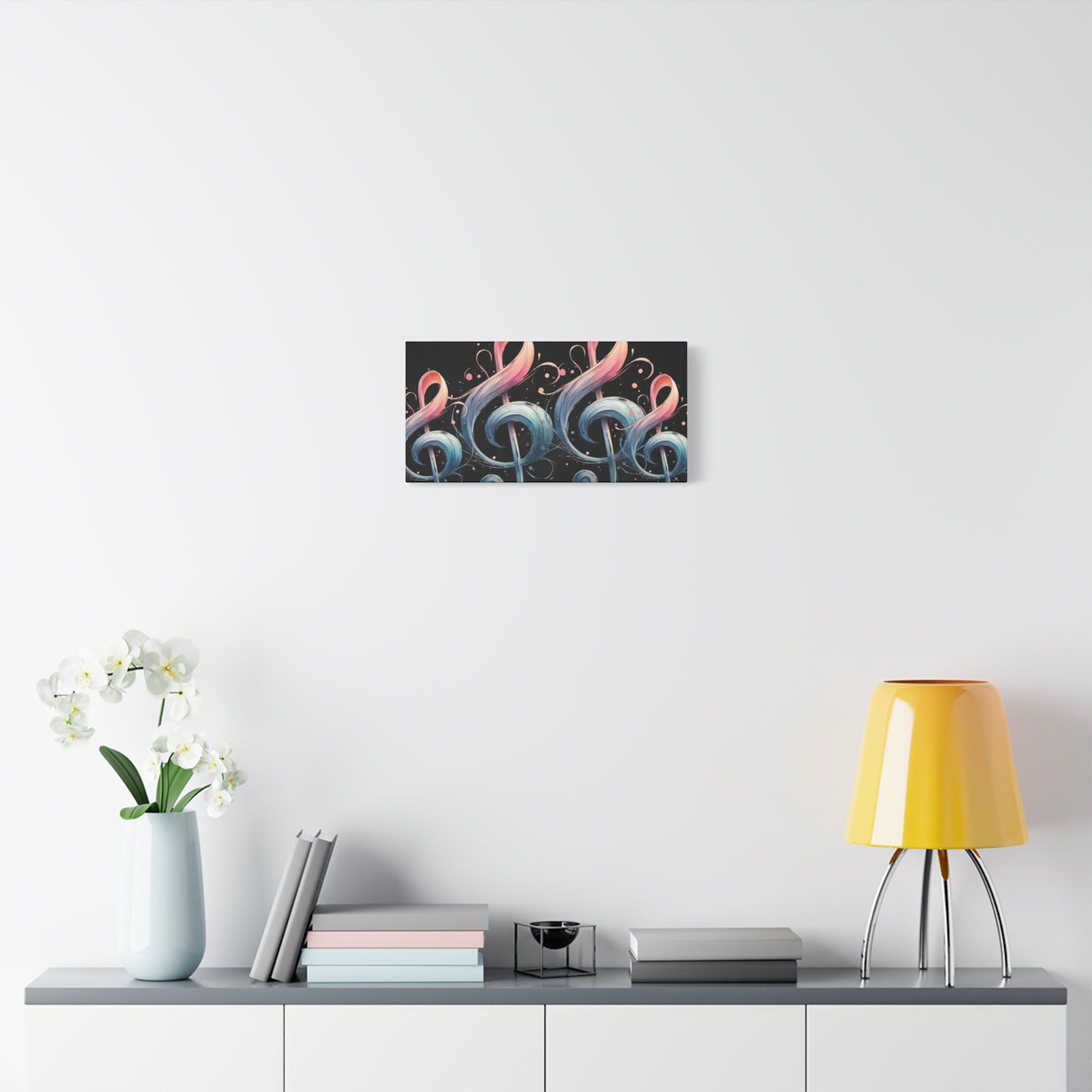 Musical Treble Clef Canvas Wall Art — Pastel Ribbon Notes on Black