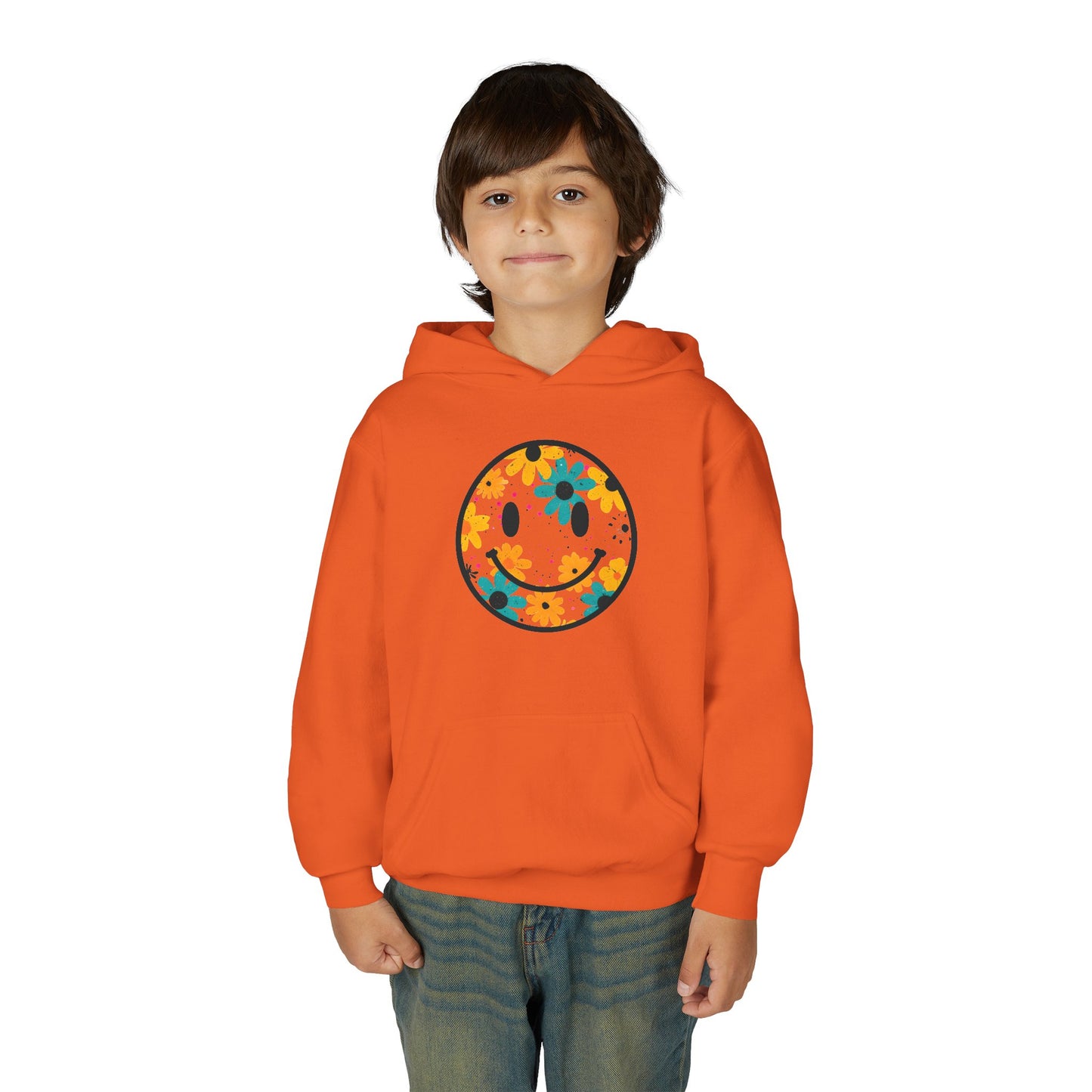 Youth Floral Hoodie – Orange & Teal Flower Circle Design