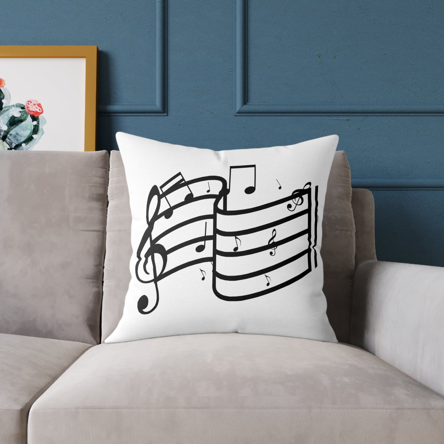 Music Notes Square Throw Pillow - Black Treble Clef Sheet Design