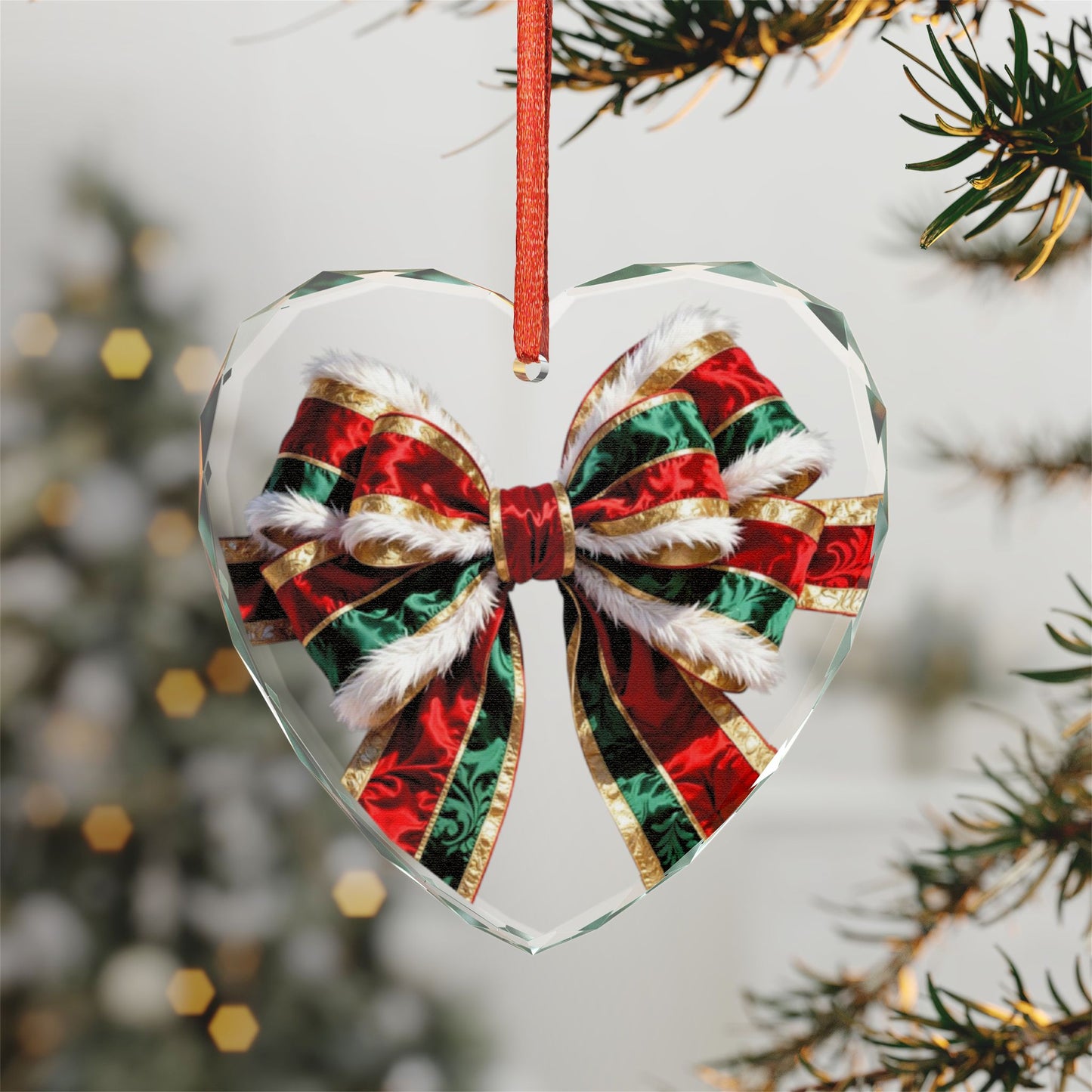 Crystal Heart Ornament — Festive Red & Green Holiday Bow