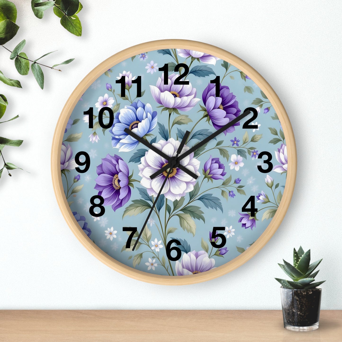 Floral Wall Clock — Vintage Purple & Blue Peony Garden Clock