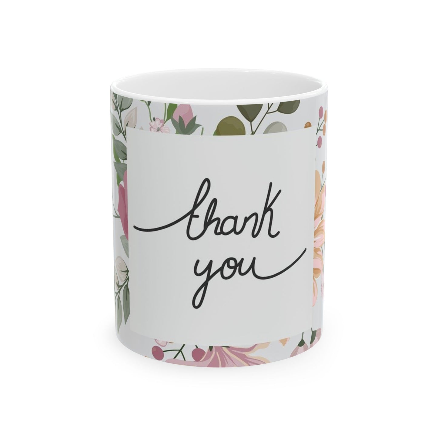 Thank You Floral Mug — Handwritten Script Ceramic Coffee Cup (11oz & 15oz)