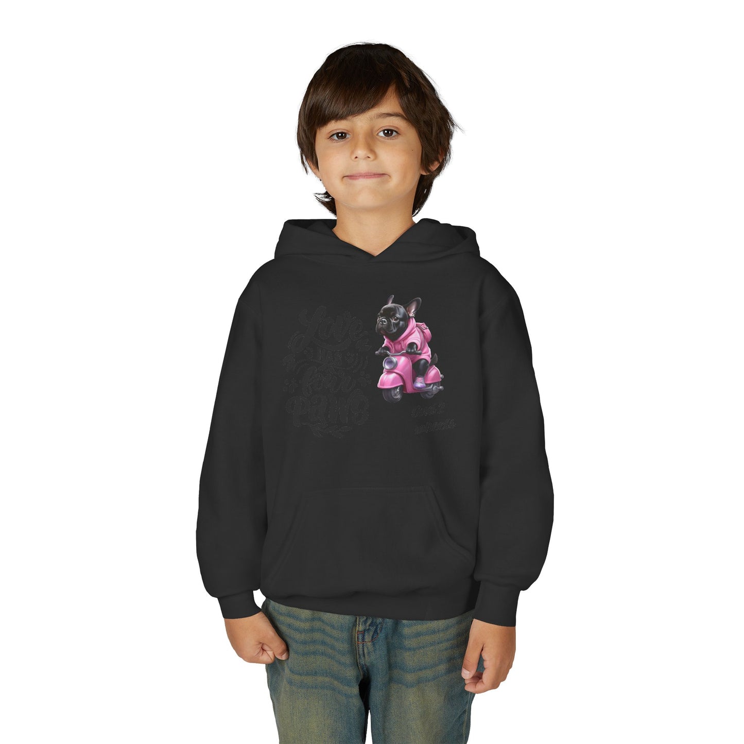 Youth Hoodie — "Love Has Four Paws" Pink Scooter French Bulldog Graphic