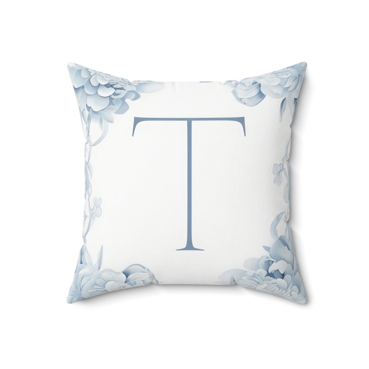 Monogram Pillow — Blue Floral Initial 'T' Decorative Throw Pillow