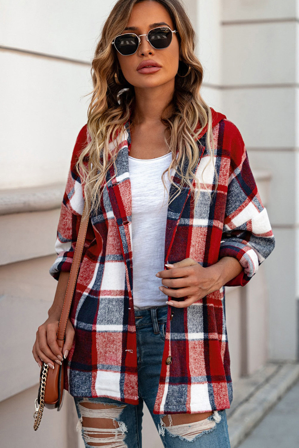 Fiery Red Hooded Plaid Button Front Jacket