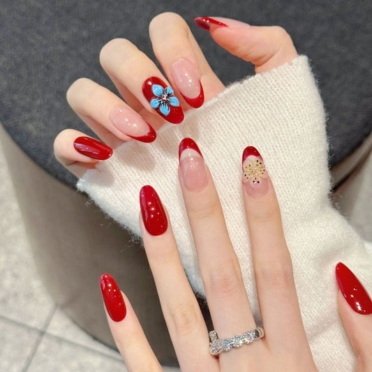 365nails: "Crimson Bloom" – 3D Floral French Tip Handmade Almond Nails – Image 2