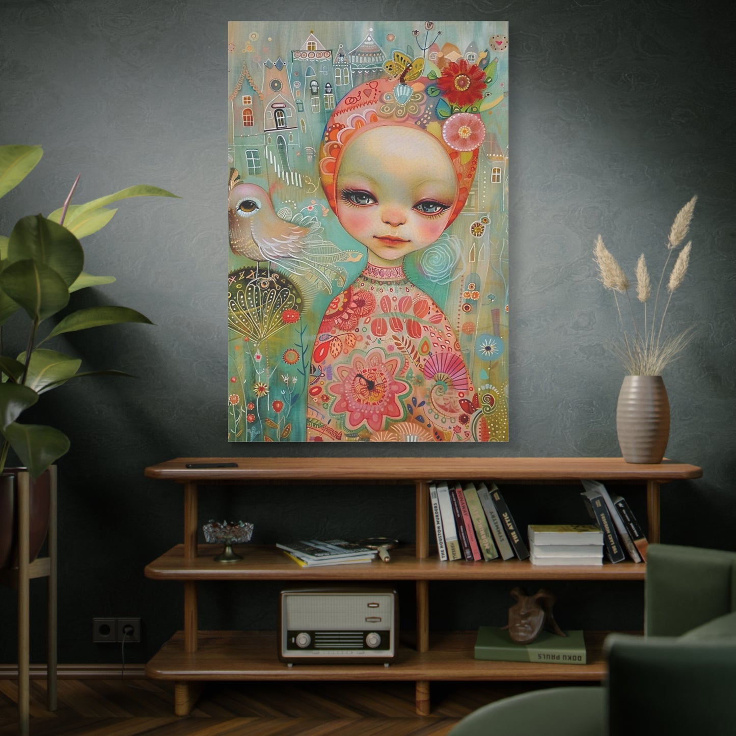 Whimsical Girl & Bird Matte Canvas Wall Art — Stretched Decorative Painting